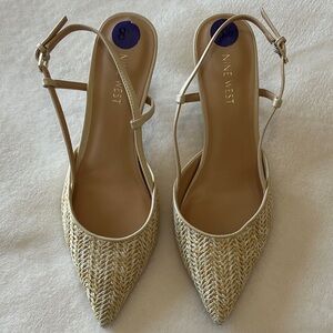 Nine West Raffia Pointed-Toe Slingback Heels in Natural Beige